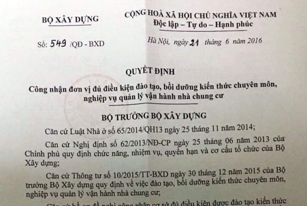 giấy phép đào tạo quản lý vận hành nhà chung cư